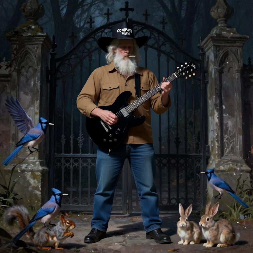 Gothic Gate Guitarist with Animals and Blue Jays