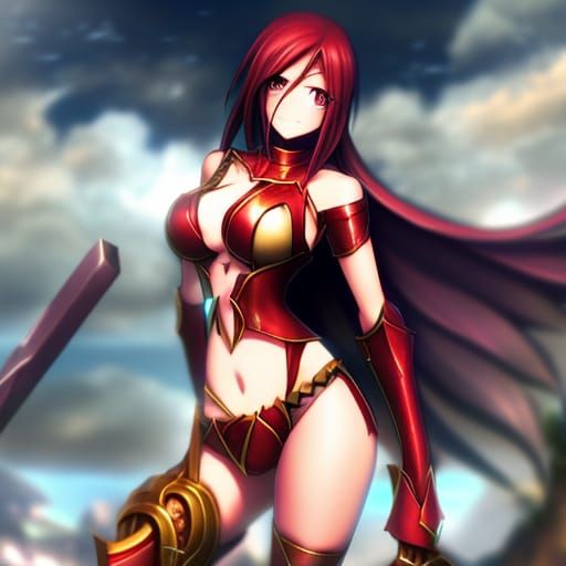 Elegant Anime Warlord Maiden in Vibrant Red Armor