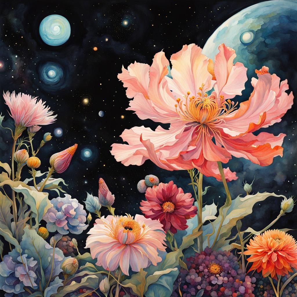 Stunning Cosmic Watercolor Wildflower on a Celestial Starsca...