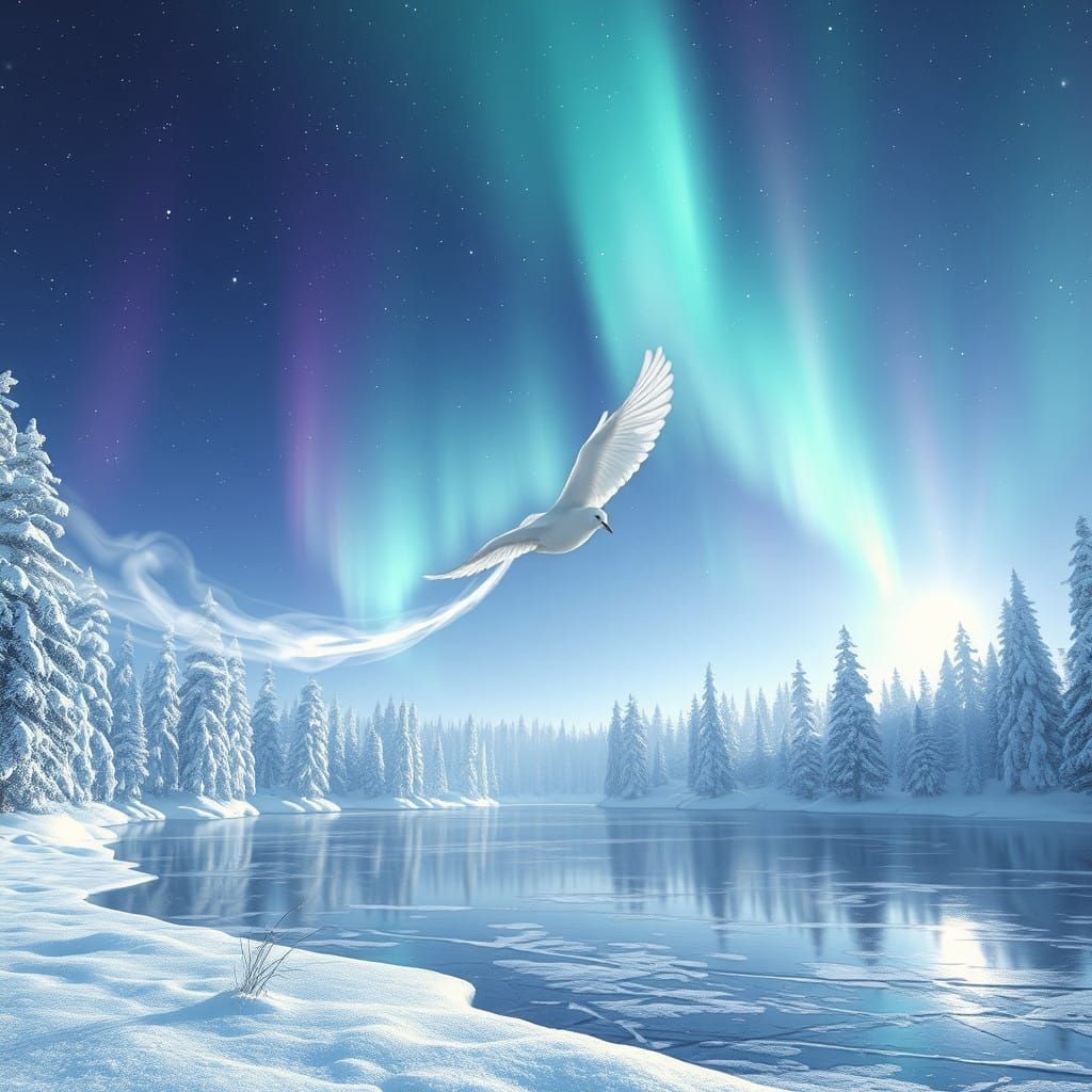 Ethereal Dove Soars Amidst Celestial Aurora