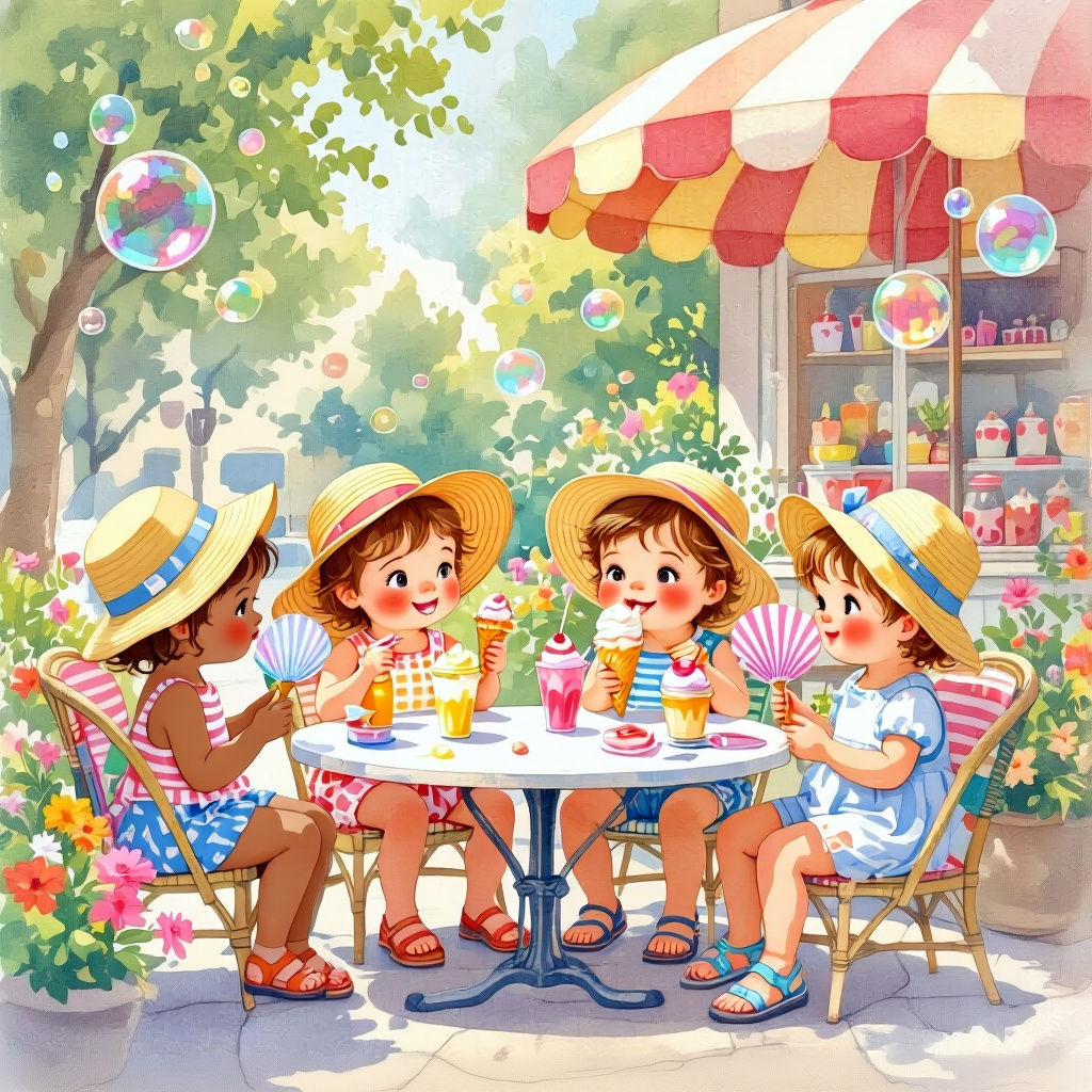 Toddler Cafe Watercolor Illustration with Summer Colors