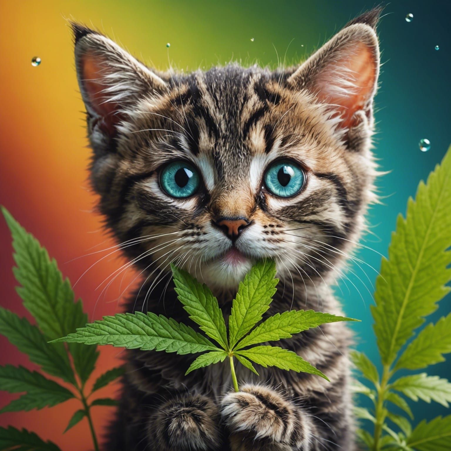 Hyperrealistic Kitten Plays with Cannabis Leaf