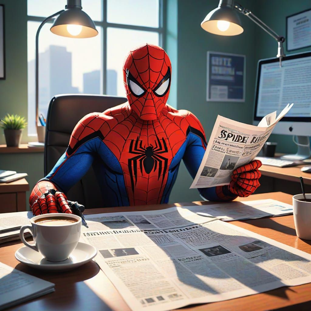Comic Book Style Office Hero in Spider Costume Works at Comp...