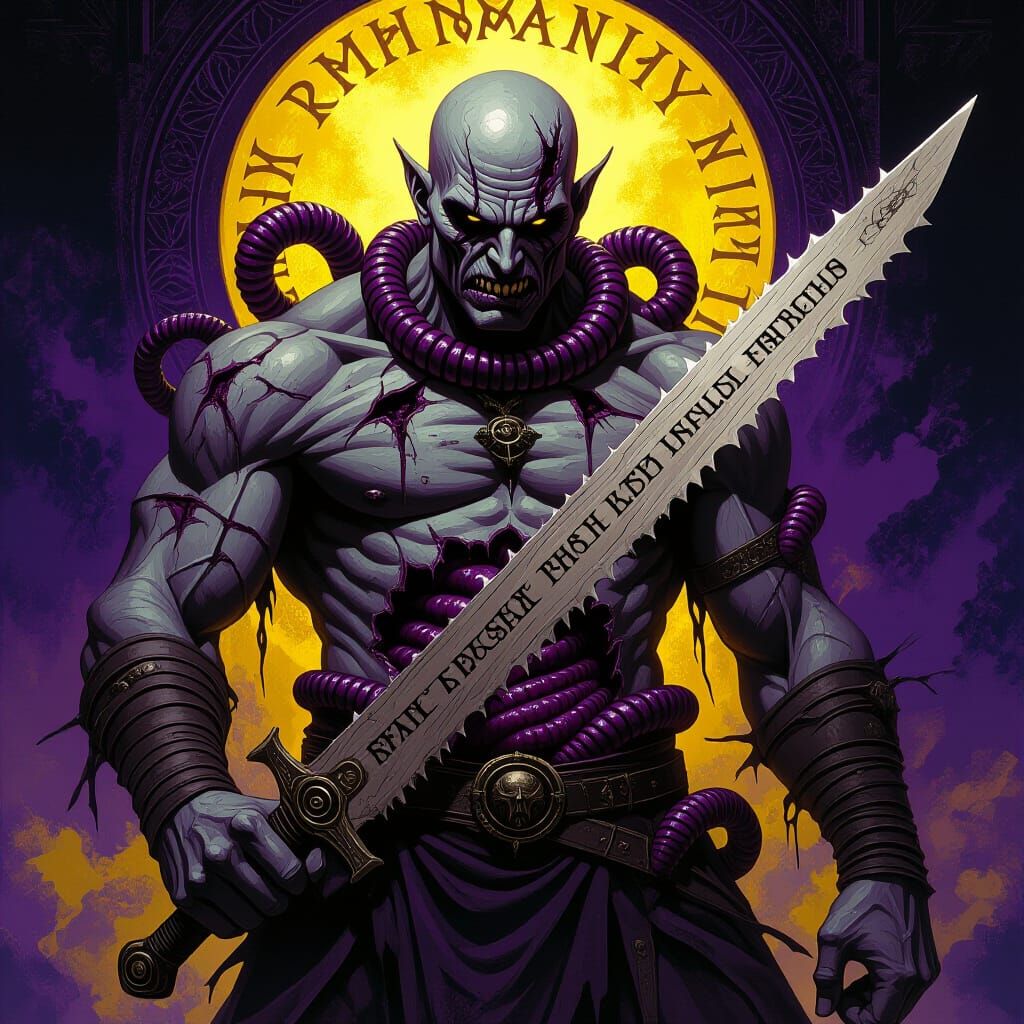 Gigantic Runed Corpse Wielding Saw-Sword in Dark Fantasy Sty...