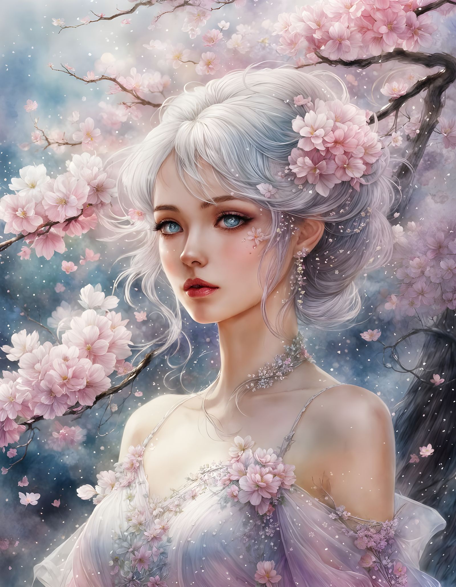 Ethereal Fantasy Girl in Mist with Sakura Petals