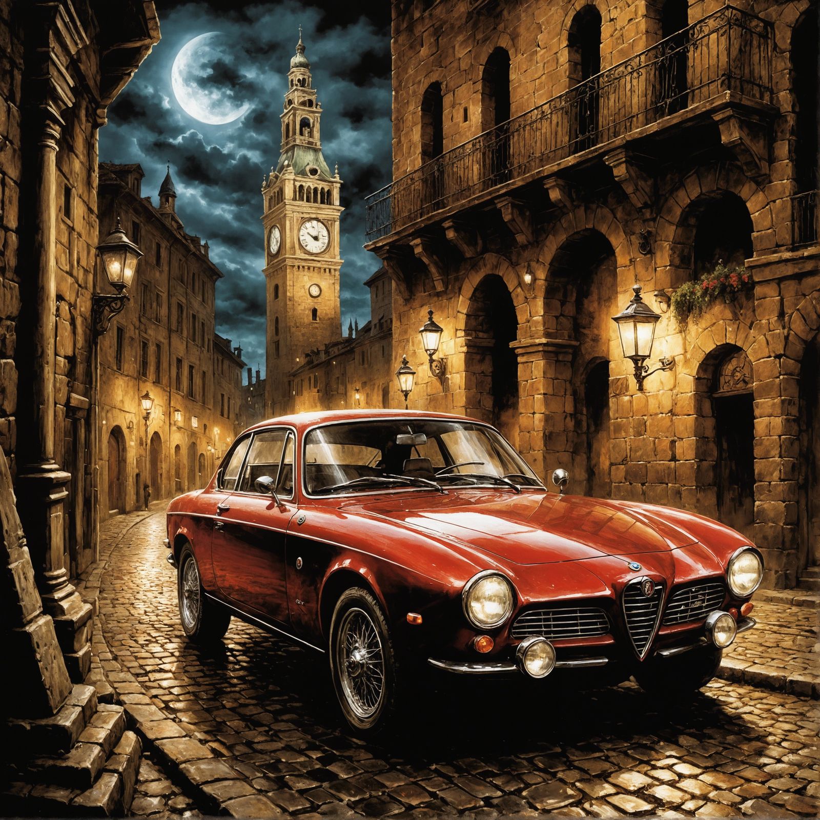 Midnight Alfa Romeo Speeds through Cobblestone Streets under...