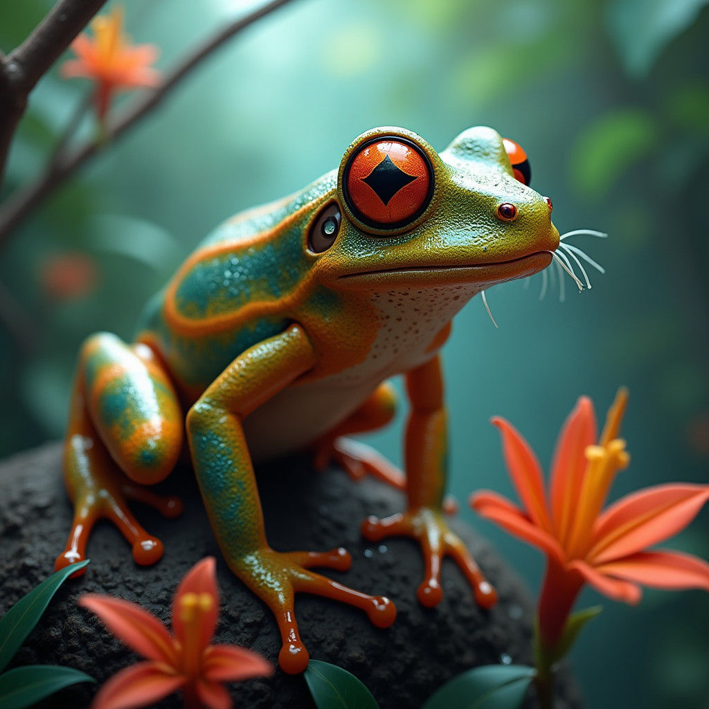 Hyper-Realistic Poison Dart Frog with Feline Features in Tro...