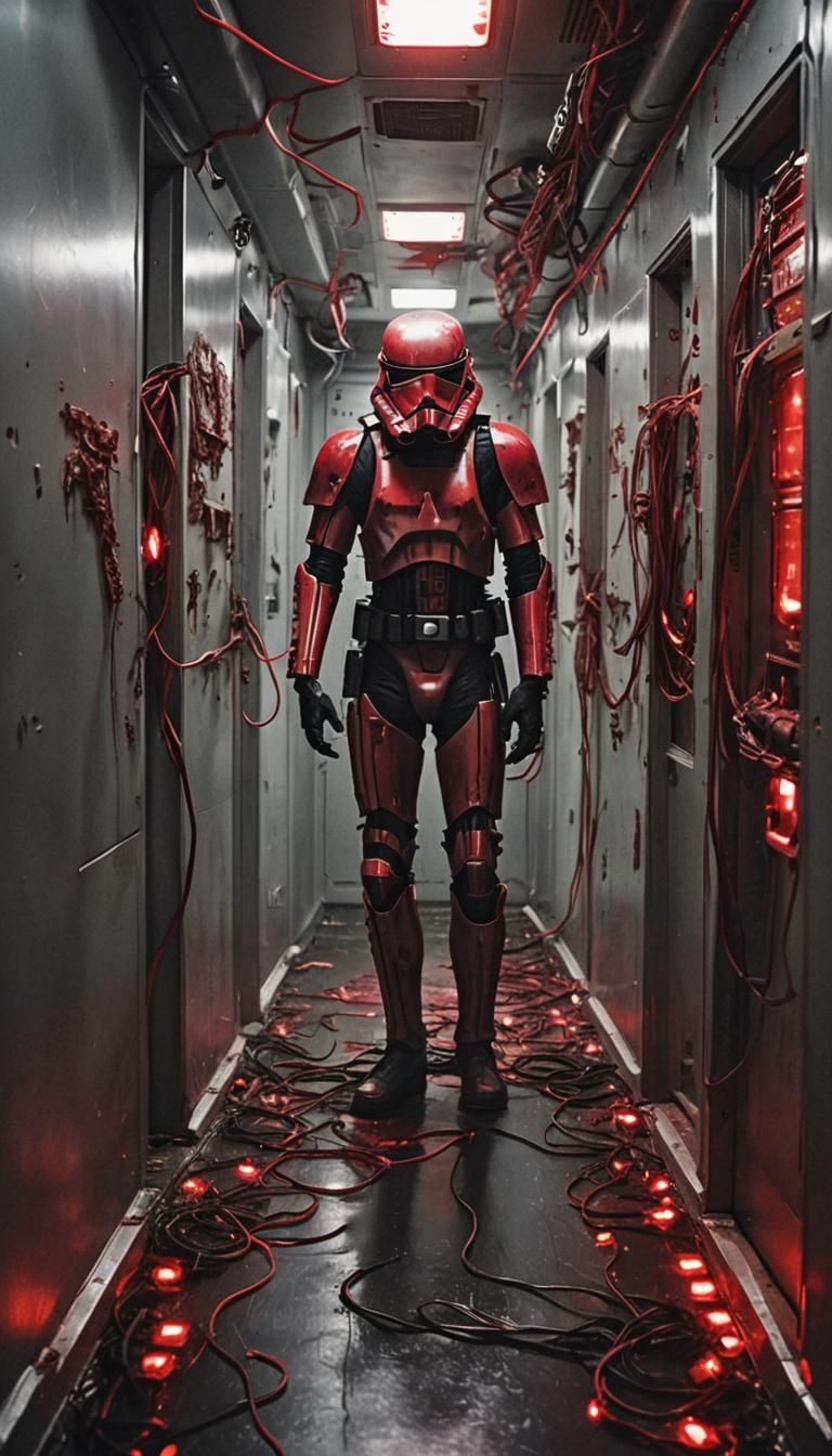 Dark Starship Ambush: Red Emergency Lights Reflect Off Tacti...