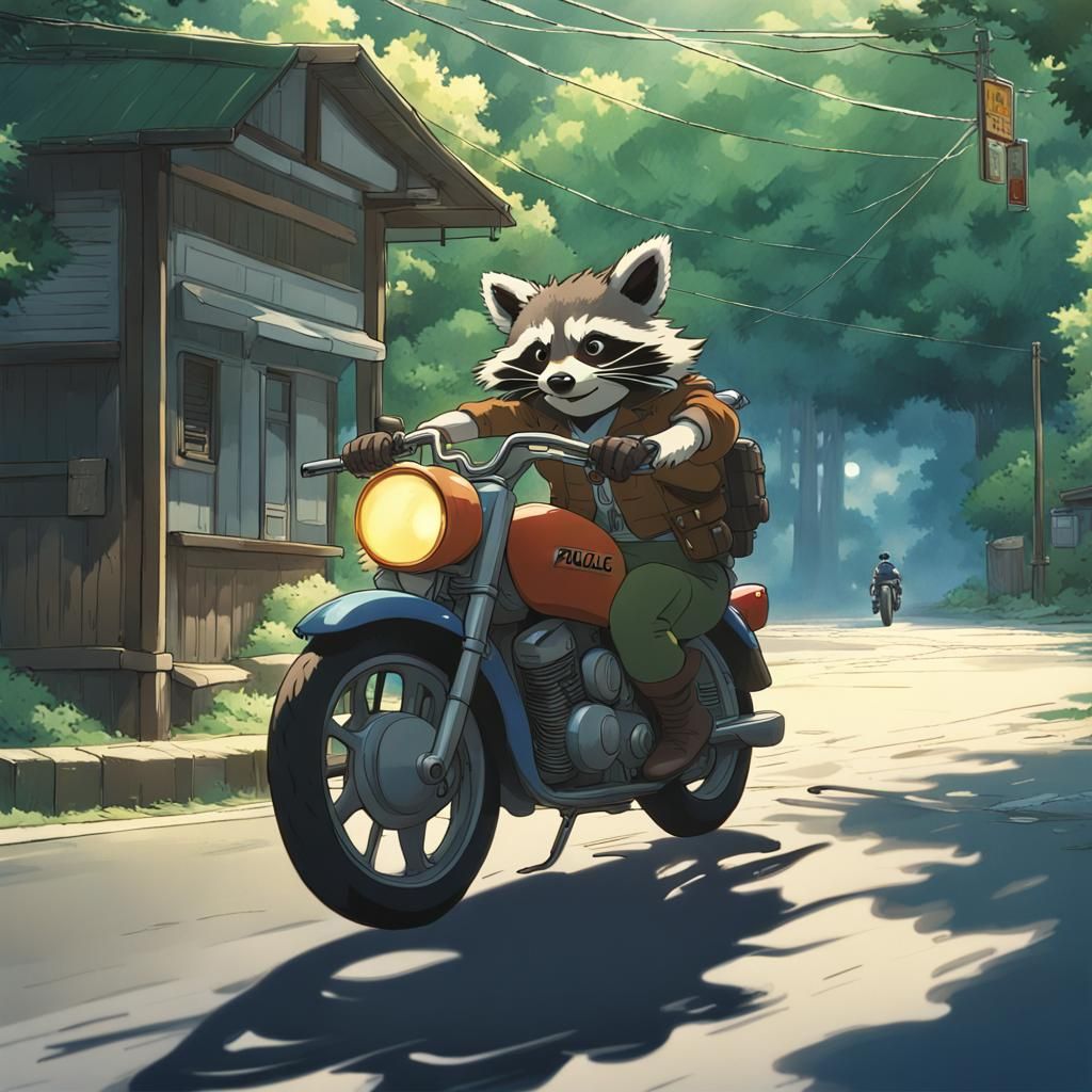 Raccoon Motorcyclist Escapes Police in Splashy Anime Art