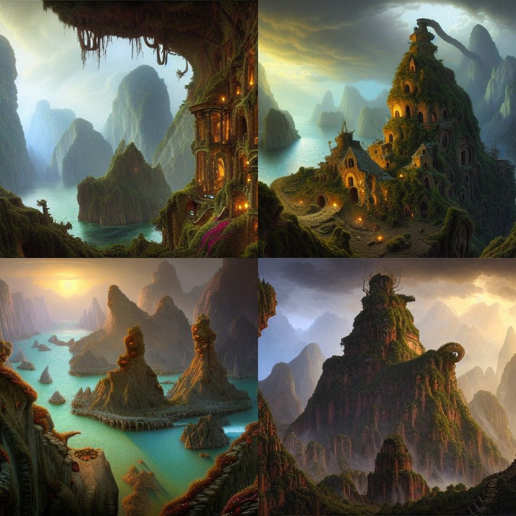 Ethereal Fantasy Cliff Village Amidst Eldritch Horror