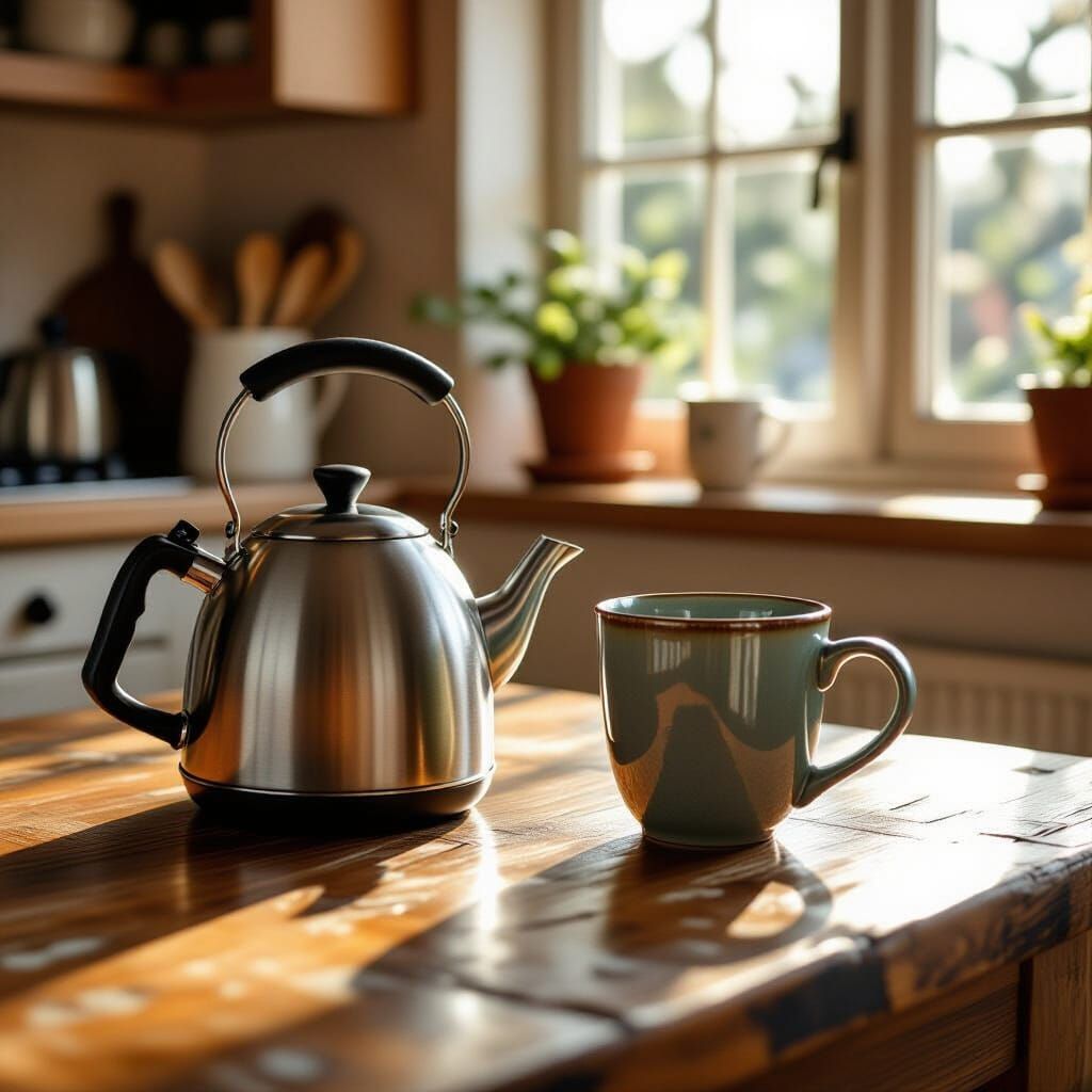 Stainless Steel Kettle on Rustic Table, Photorealistic Style