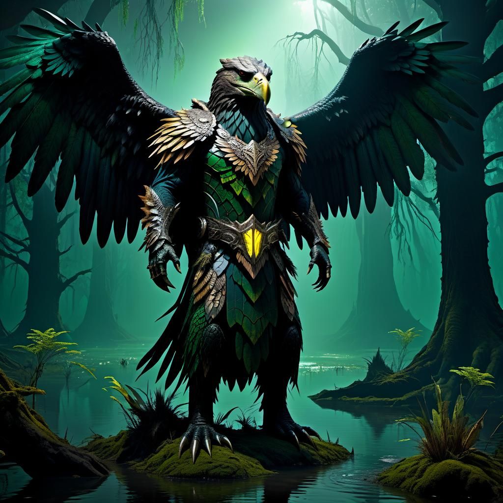 Glowing Swamp God with Majestic Eagle Wings and Bear Legs