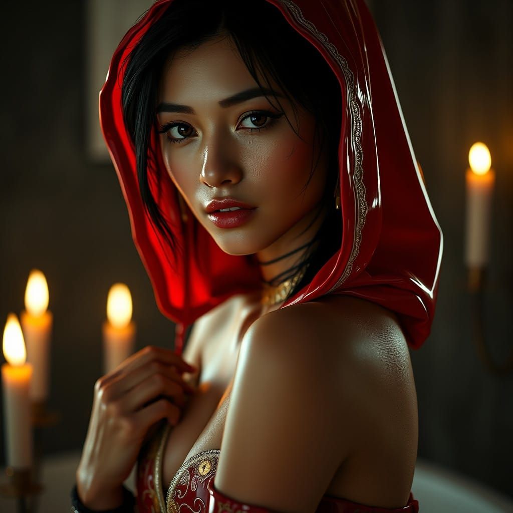 Mysterious Maori Woman in Red Latex Costume