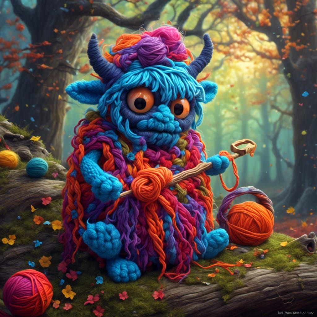 Yarn monster knitting a sweater, <lora:Enigmatic:1.0>  pop s...