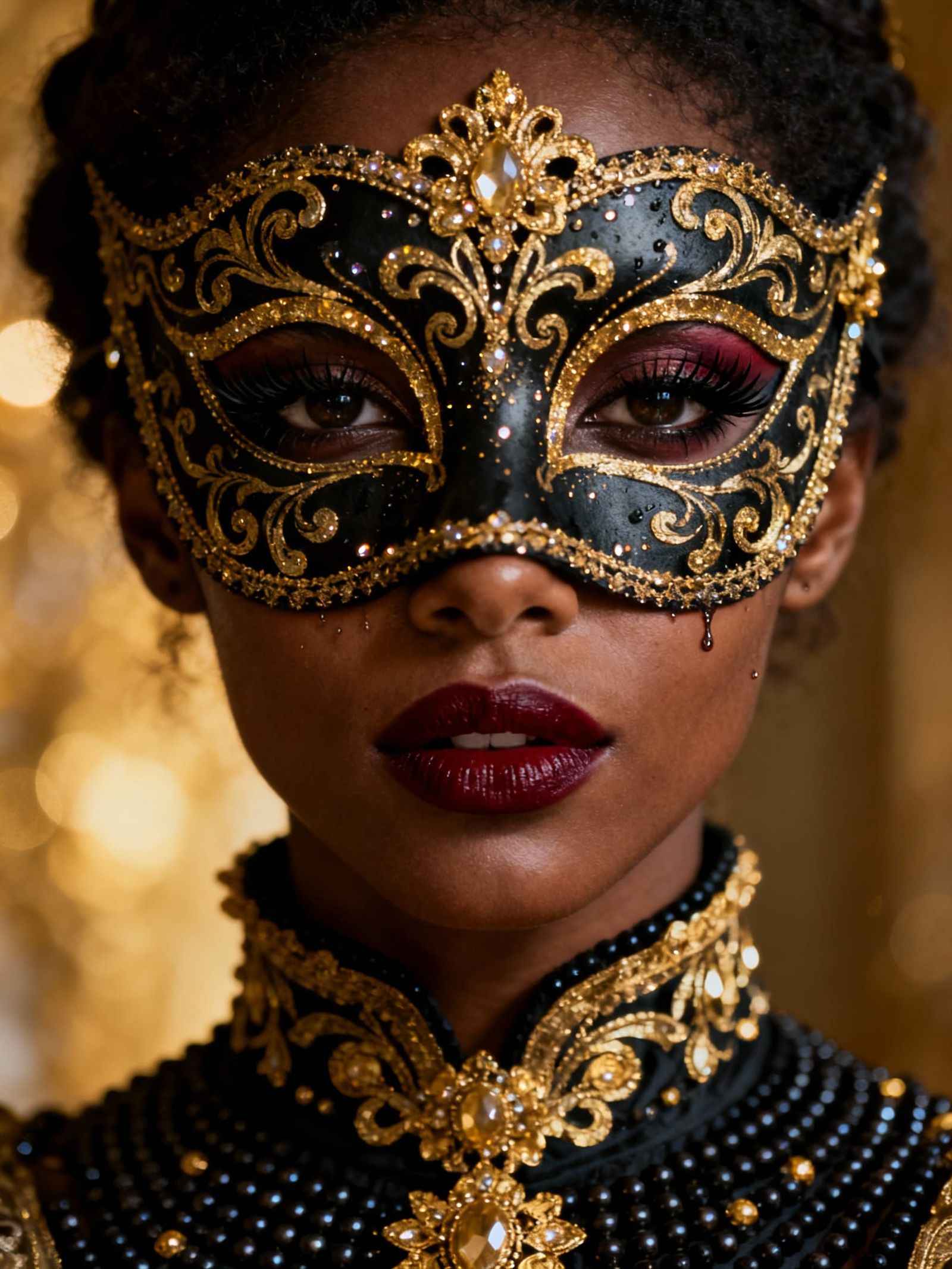 Woman in Black and Gold Baroque Mask and Garment
