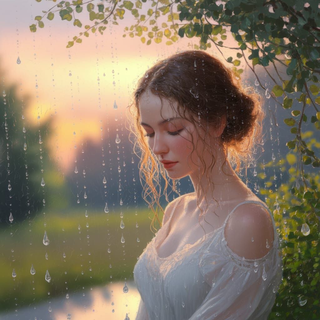 Impressionist Woman Bathed in Summer Rain