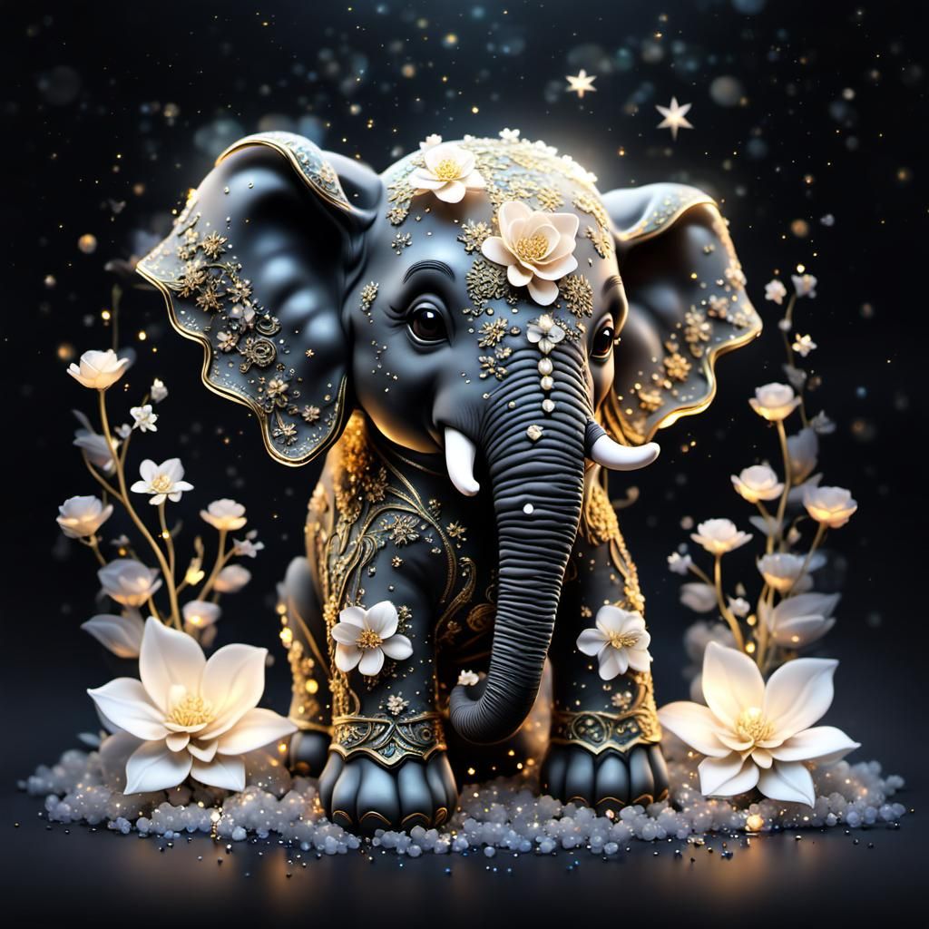 Whimsical Black and Gold Chibi Elephant in Moonlit Fantasy S...