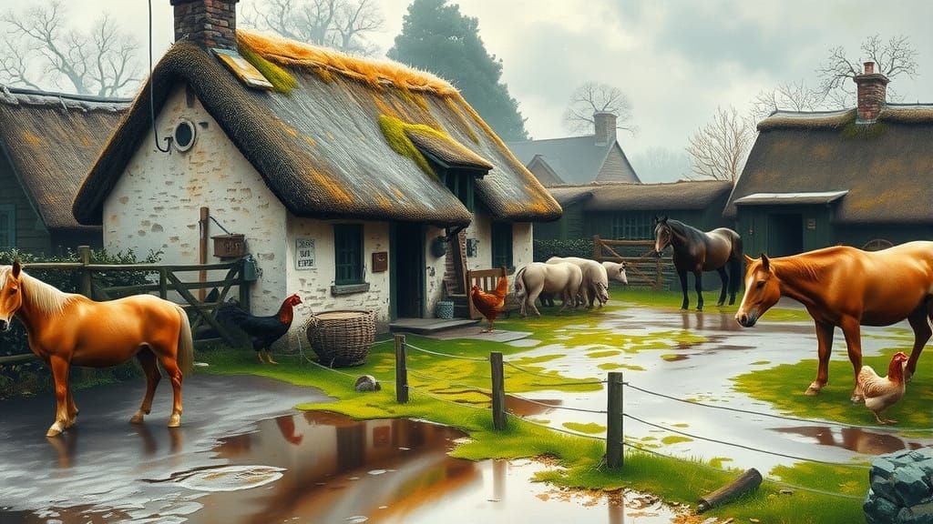 Irish Cottage Farmyard in Gouache Style