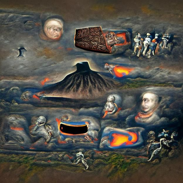 Flying Sarcophagus in Dark Renaissance Lava Sky Painting