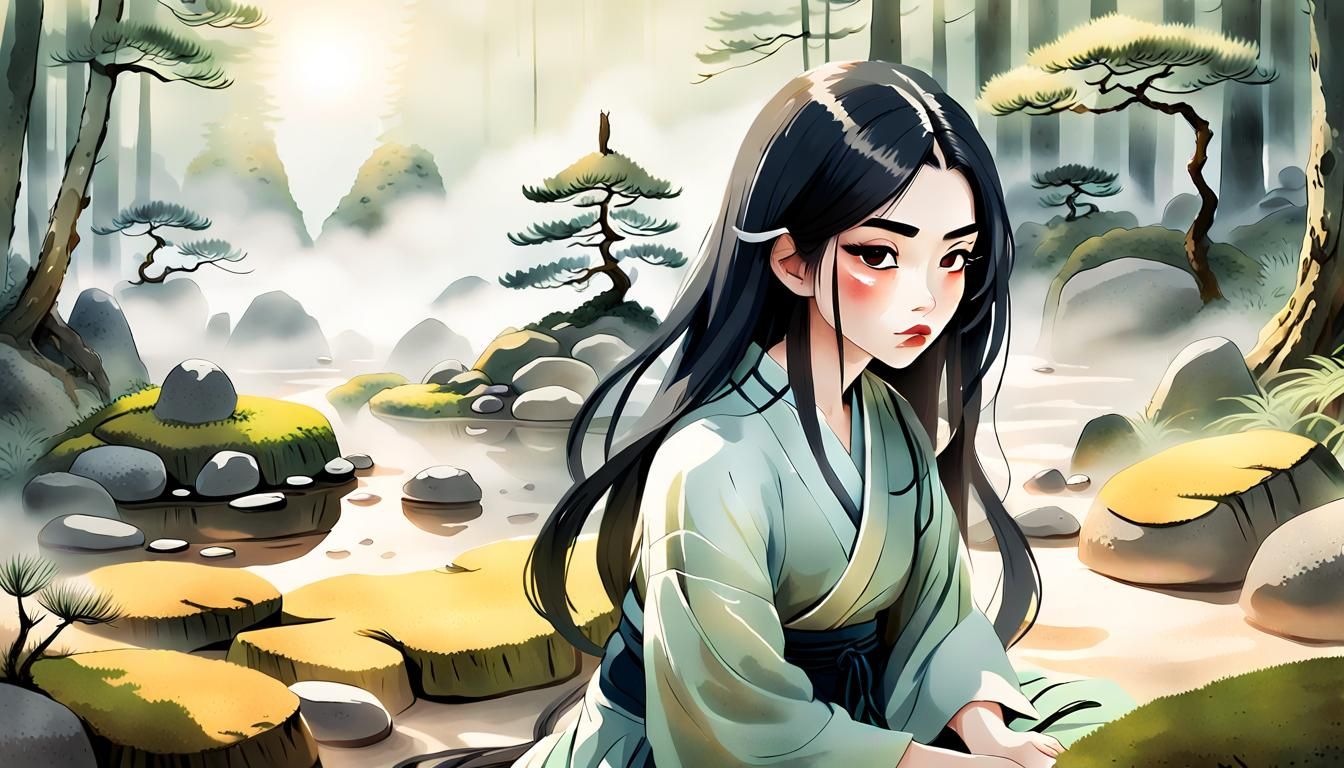 Serene Japanese Girl in a Zen Garden Landscape