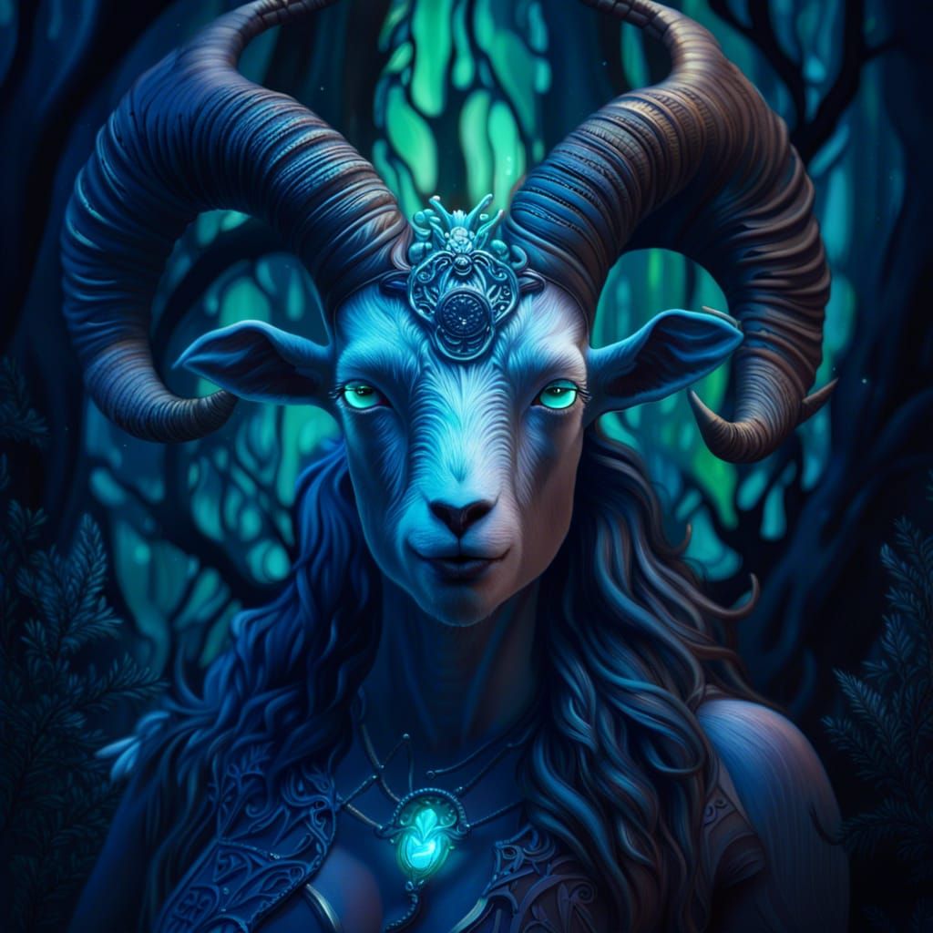 Hyperrealistic Horned Goddess in Enchanted Bioluminescent Fo...