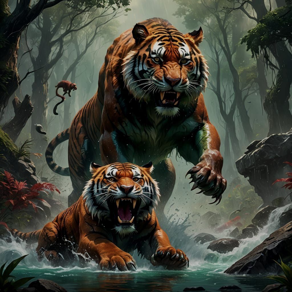 Fantastical Sabre-Toothed Tiger Engaged in Epic Battle with....