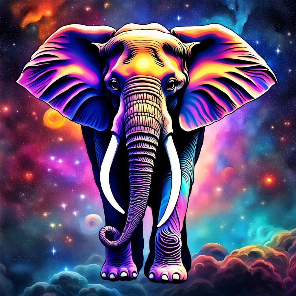 Ethereal Cosmic Elephant Soars in Vibrant Nebula