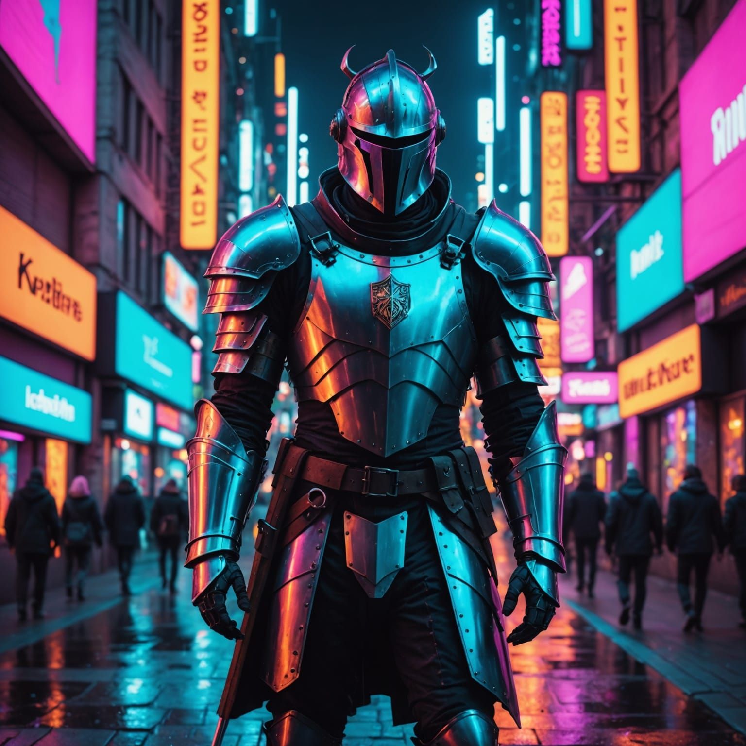 Medieval Knight in Neon Cyberpunk City