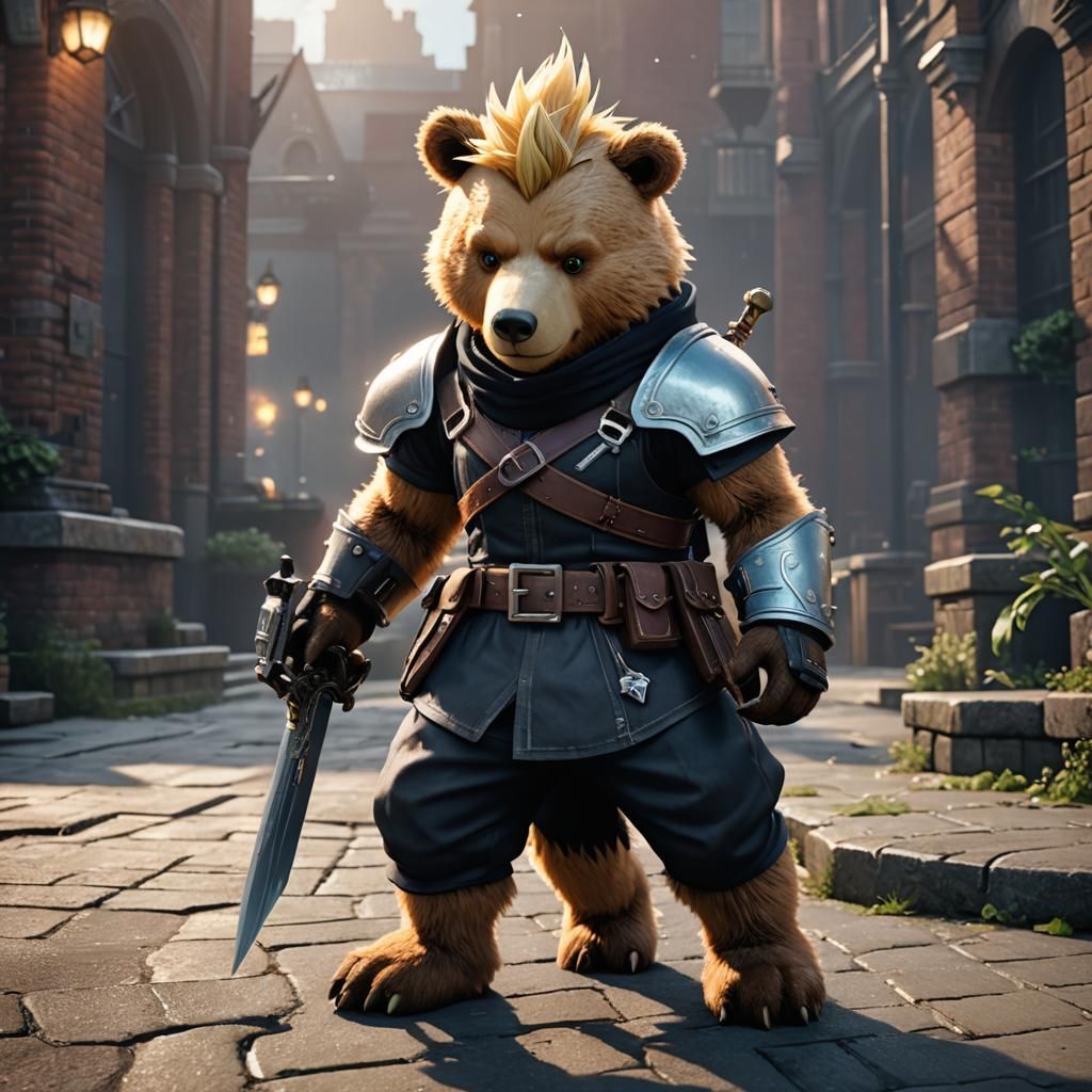 Cloud Strife Inspired Bear as 3D Videogame Character