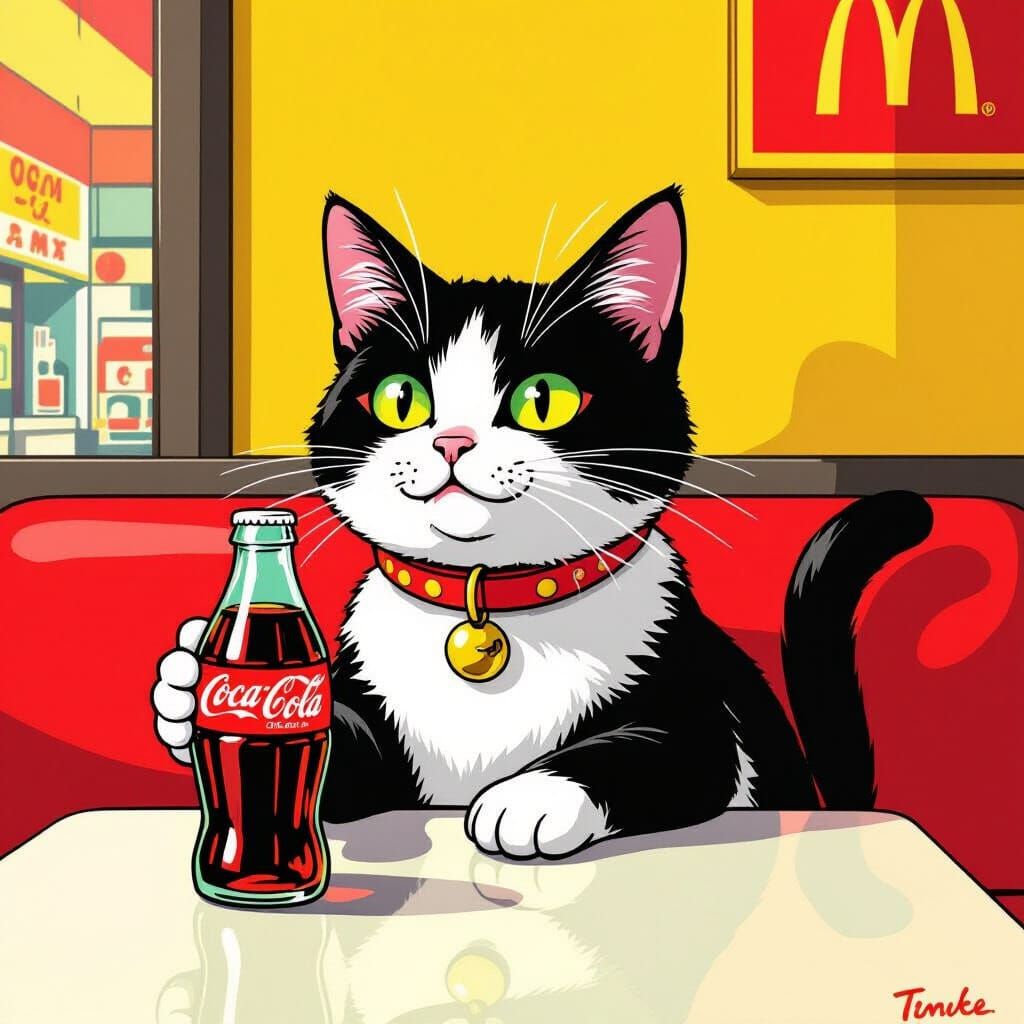 Cat Drinks Coke in Pop Art Style Scene