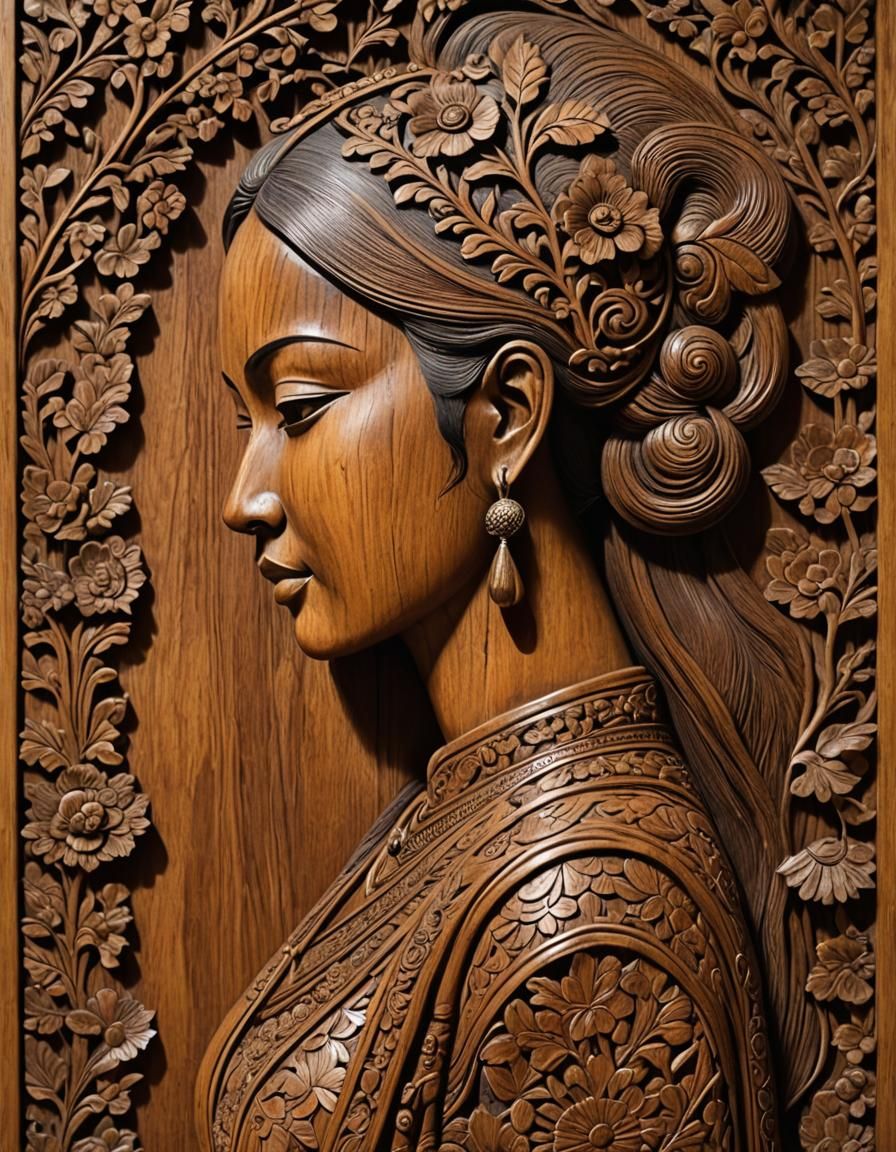 Elegant Teak Wood Asian Woman Relief Carving