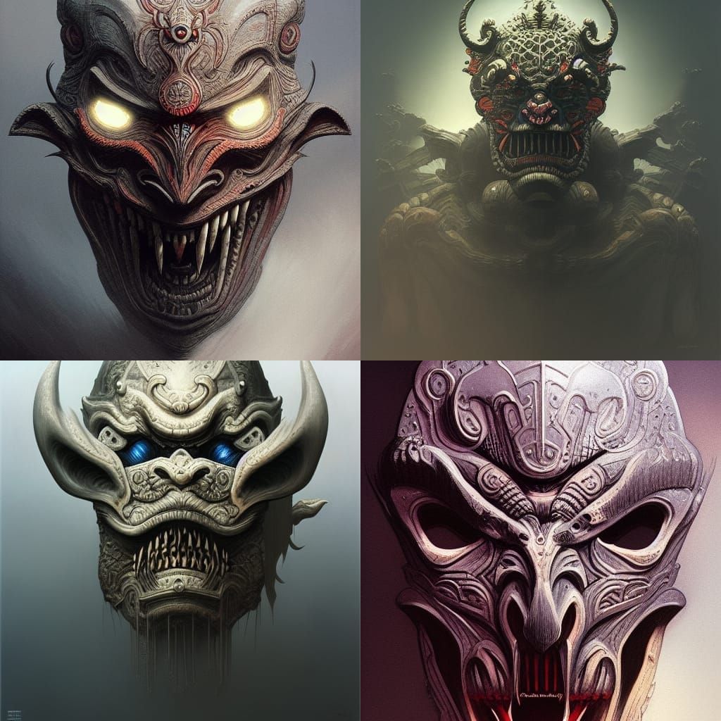Intricate Oni Masks in Digital Painting Style