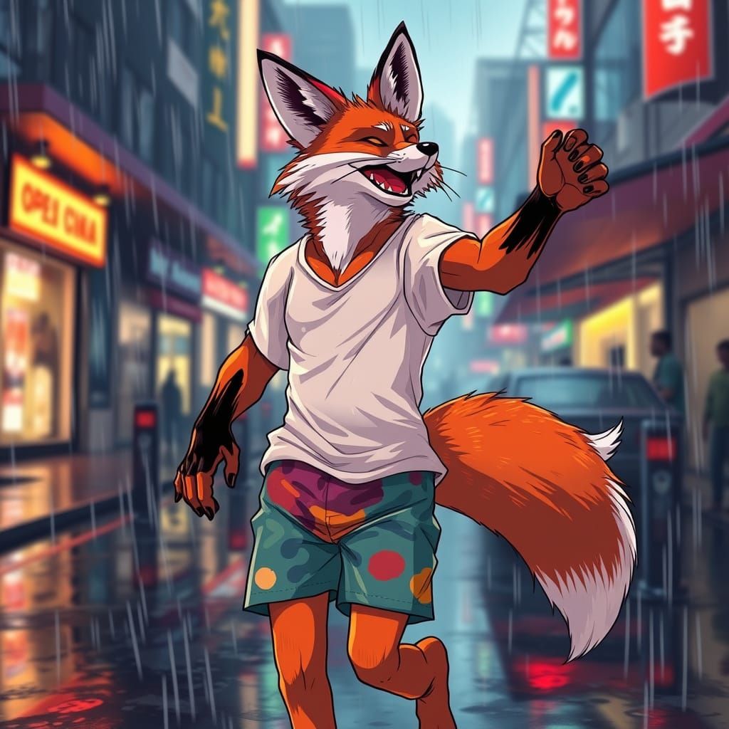 Vibrant Fox Dances in Rainy Streets in Style of Studio Trigg...