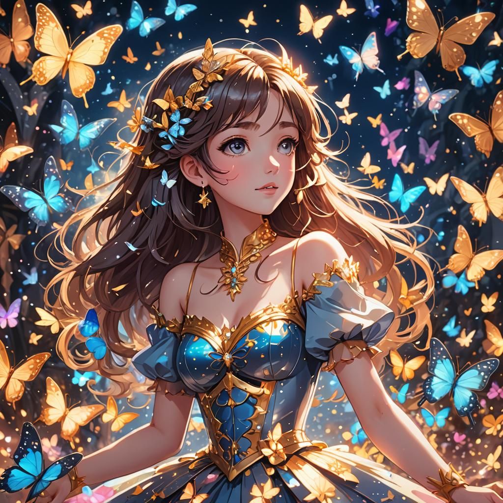 Vibrant Princess Surrounded by Celestial Butterflies in a St...