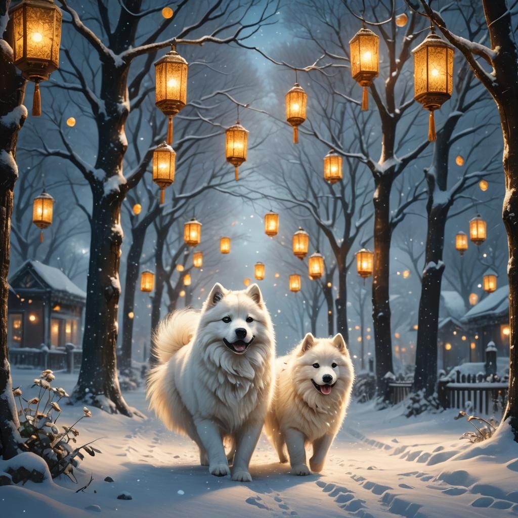 Fantastical Winter Wonderland with Samoyed and Lanterns
