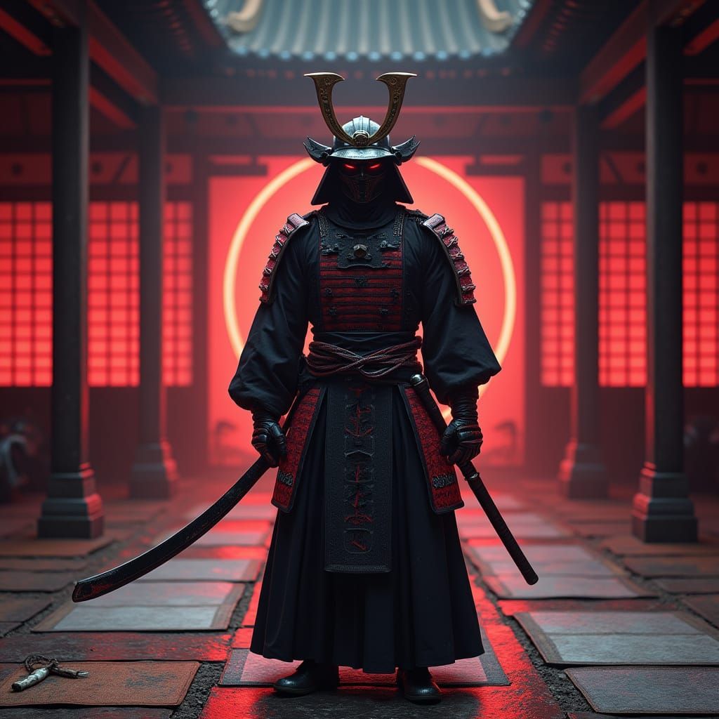 Cyberpunk Samurai in Ancient Dojo