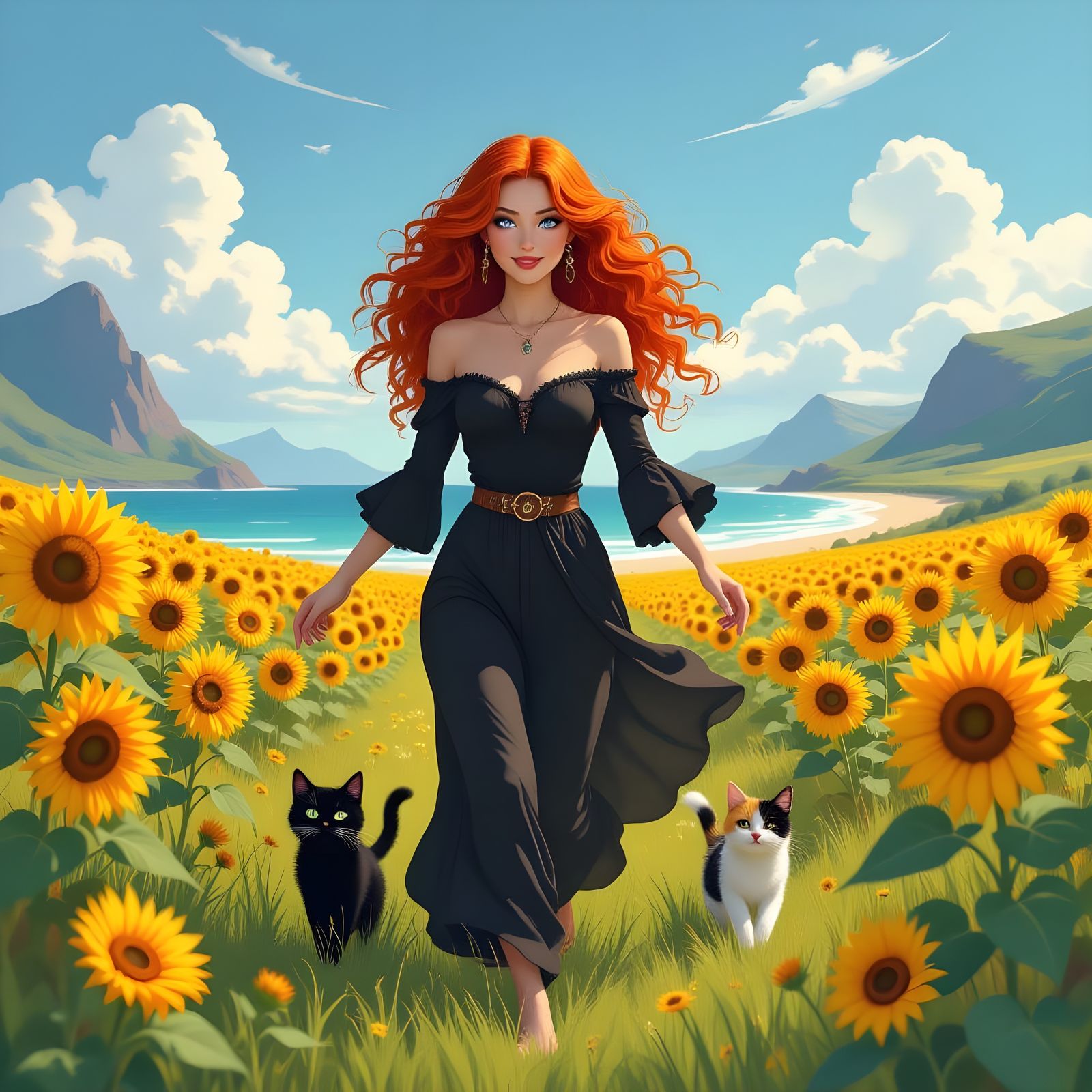 Whimsical Gothic Hippie Woman Runs Through Sunflower Fields
