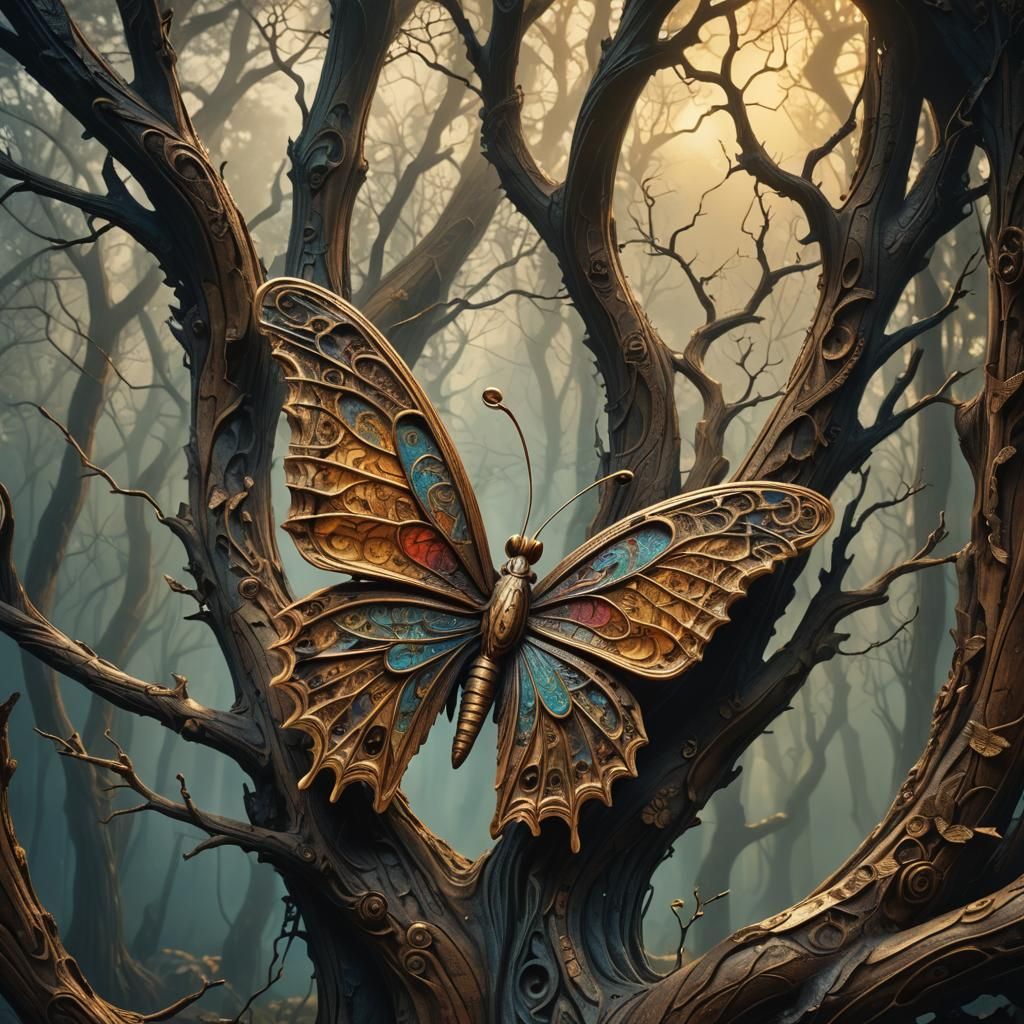 Ethereal Wood Carved Butterfly in a Vibrant, Detailed World