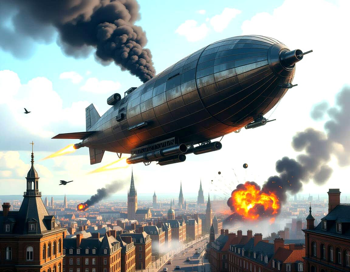 Gigantic Dieselpunk Airship Over Destroyed Victorian City