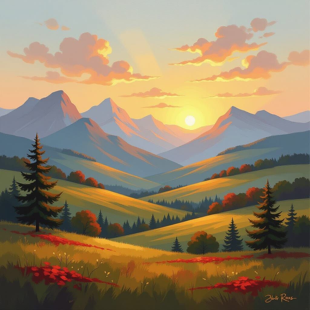 Serene Landscape Painting with Rolling Hills and Mountains