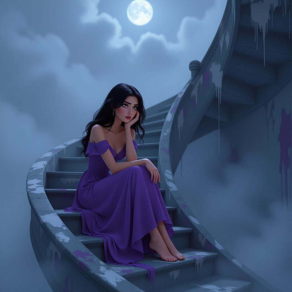 Lonely Woman in Purple Dress on Floating Staircase