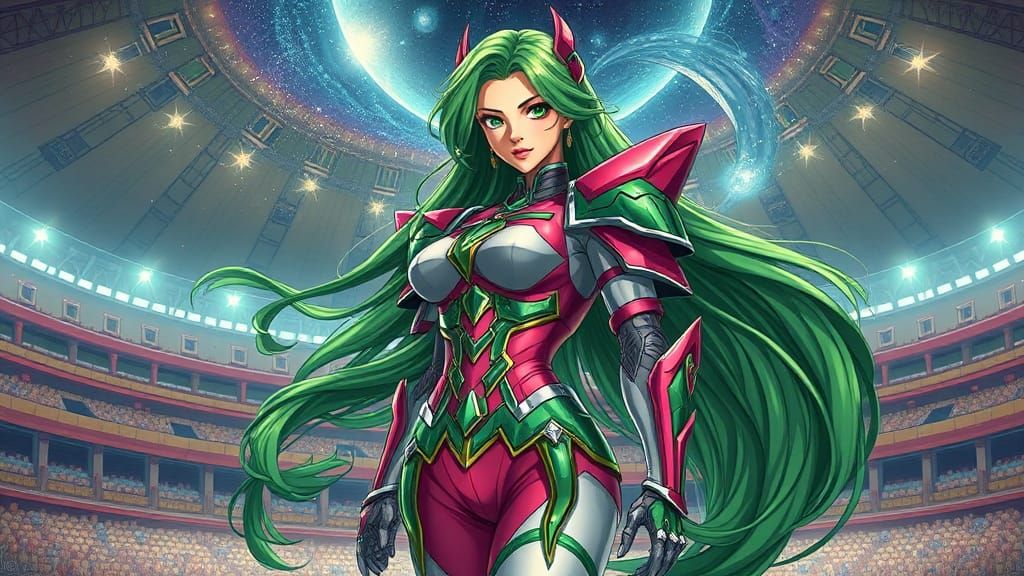 Elegant Female Warrior in Cosmic Arena, Inspired by Amano an...