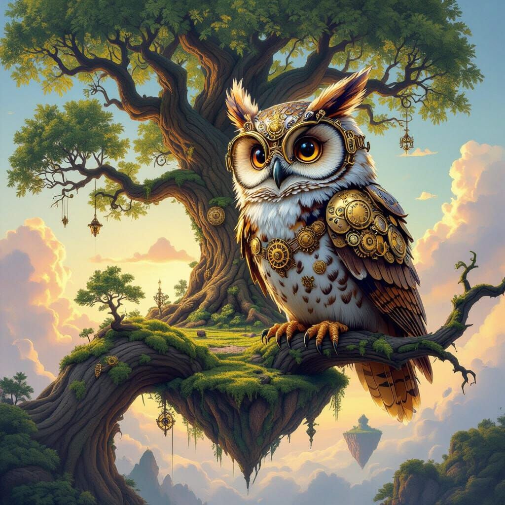 Steampunk Owl on Ancient Tree in Golden Hour