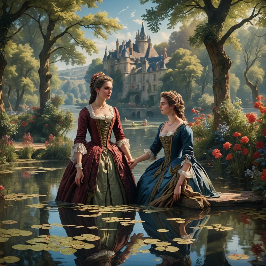 A magnificent piece of painting depicting 2 beautifules women in a picturesque 18th century French lake setting, remi...