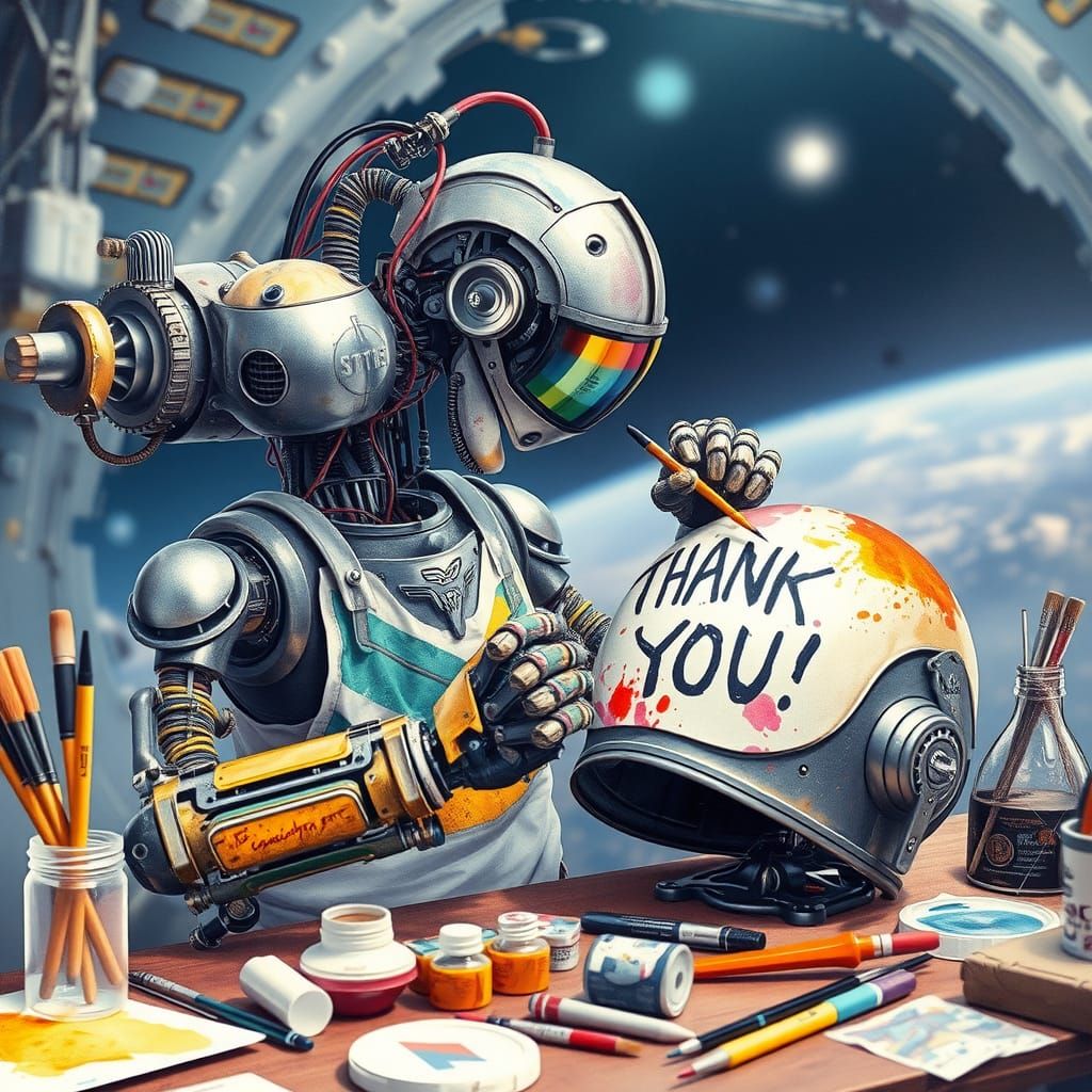 Cyborg Artist in Industrial Manga Style Paints Thank You on ...