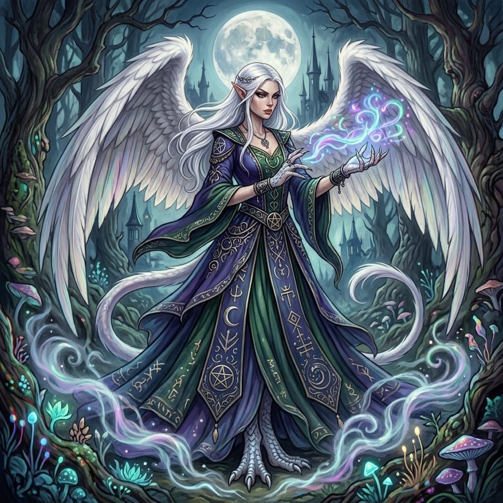 Witch in Moonlit Forest Casting Spell in Wiccan Dress