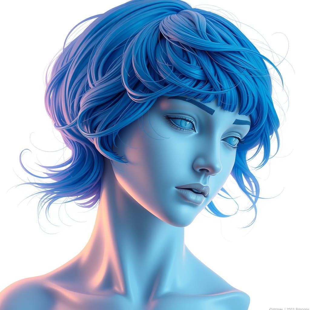 Elegant Blue-Haired Woman Statue in Dreamy Ethereal Style