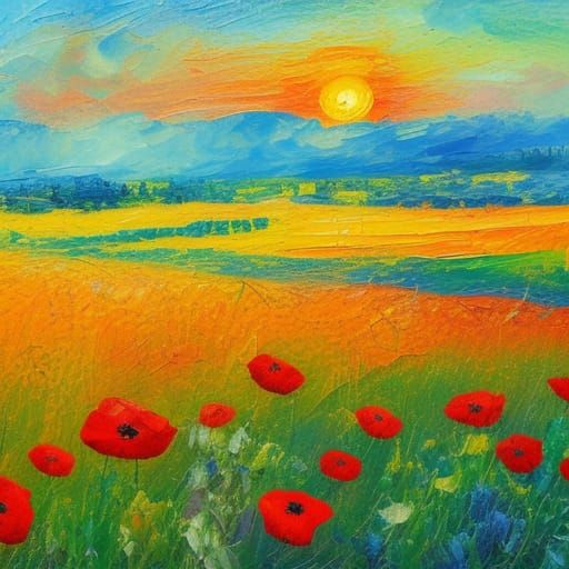 Sunrise over meadows and poppy fields