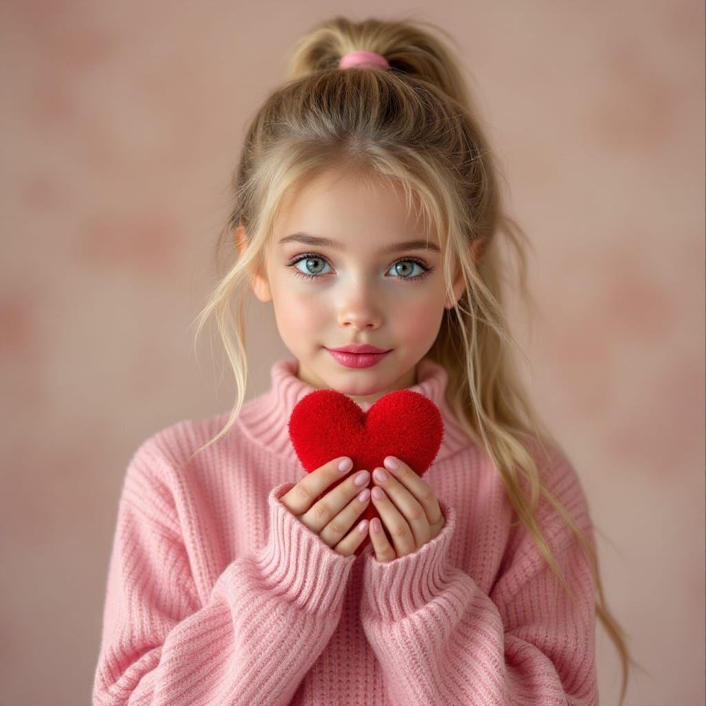 cute girl, wearing a pink sweater with dark rose colored pants and silver glitter shoes, holding a red heart in both han...