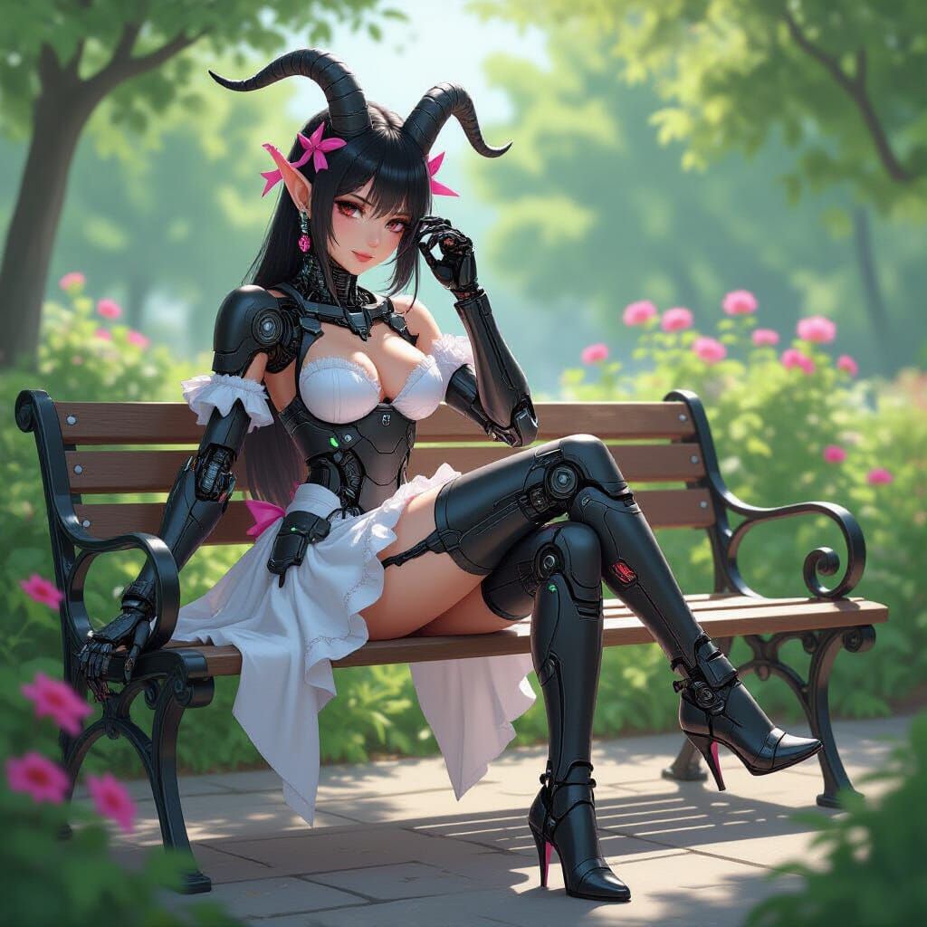 Cyborg Goat Maid Rests in Garden with Pink Ribbons